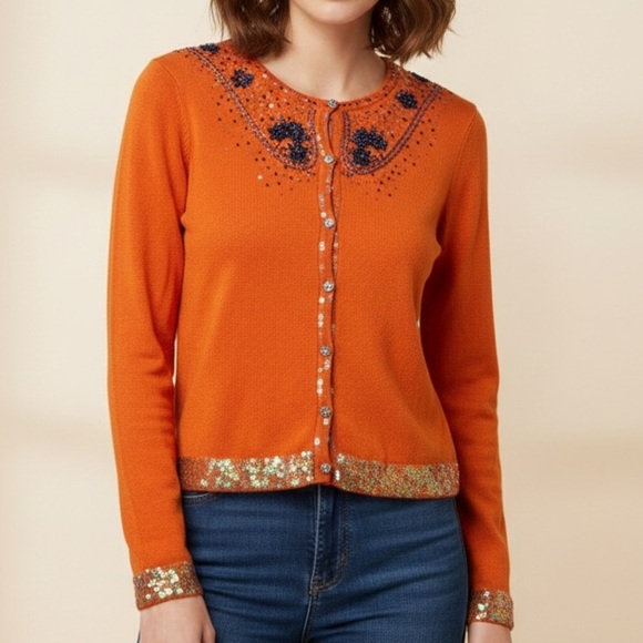 Danier Sweaters - Vintage Danier Embellished Beaded Cardigan in Sunset Orange Small